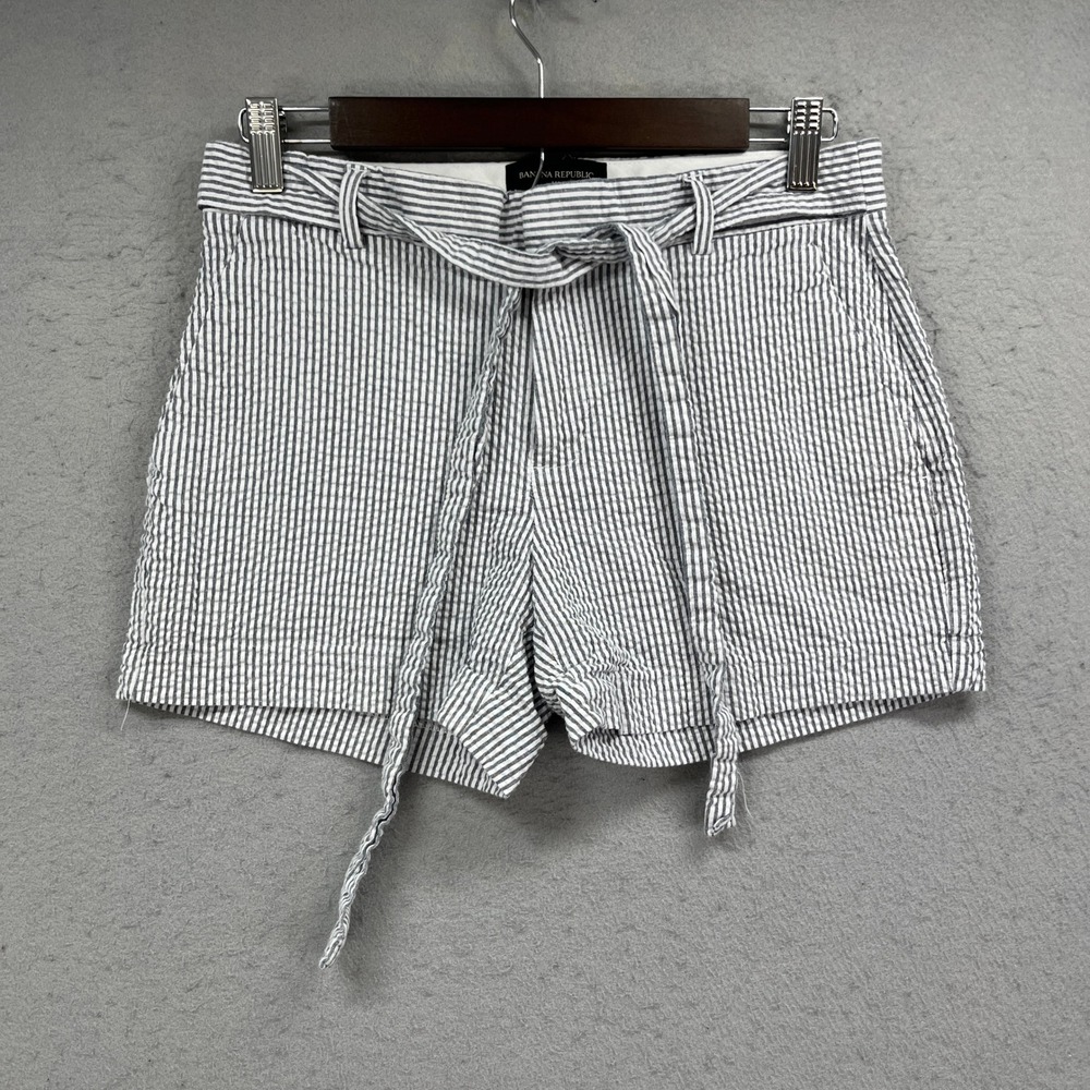 Banana Republic Shorts Womens 4 Blue Seersucker Tie Waist Striped Preppy Linen